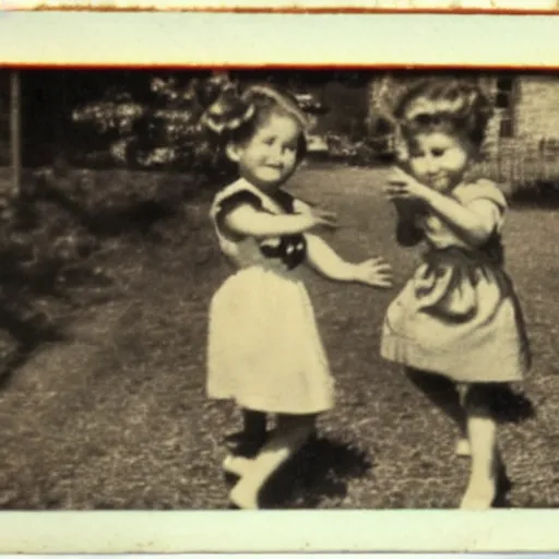 Prompt: 1 9 5 0 s, creepy dolls jumping towards viewer, horror, lost photograph, final photo found, forgotten, polaroid,