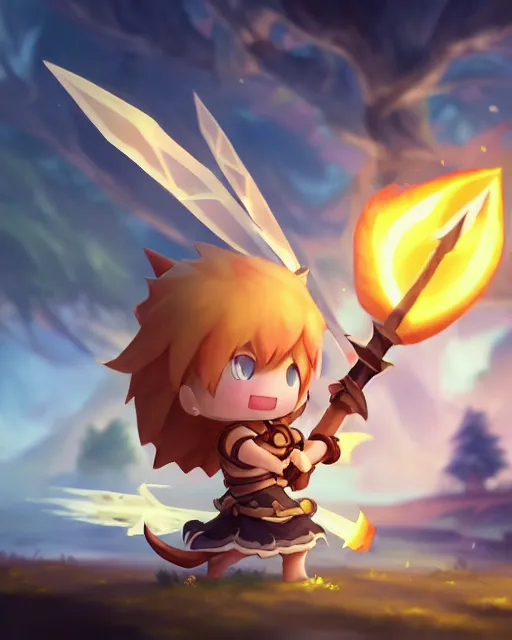 Image similar to oil painting of a cute chibi MapleStory warrior,, attacking, casting a spell with a spear, wearing a MapleStory warrior outfit, sharp focus, fantasy style, octane render, volumetric lighting, 8k high definition, by greg rutkowski, highly detailed, trending on artstation, magic the gathering artwork, Perion background from MapleStory, centered