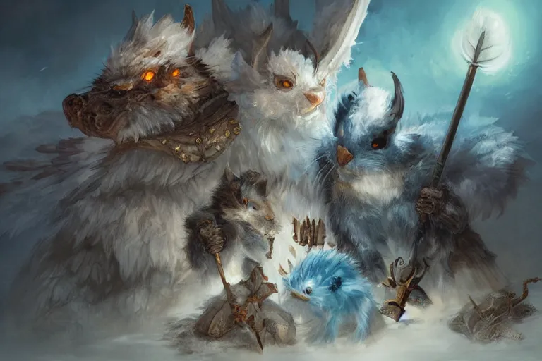 Prompt: dungeons and dragons fantasy painting, close order phalanx of feathered mice spartans, 3 0 0, whimsical and cute, determined expressions, watery blue eyes, anime inspired, white fur, tufty whiskers, dawn lighting, at thermopolae by brain froud jessica rossier and greg rutkowski