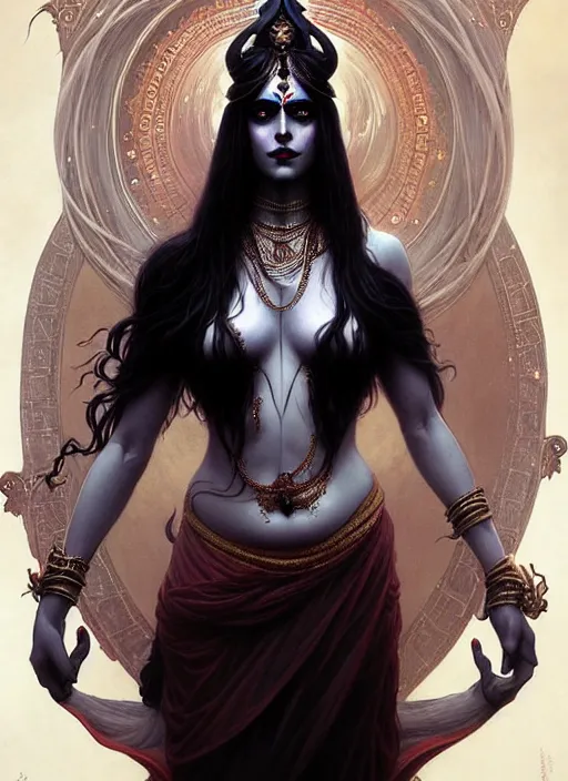 Prompt: a beautiful cinematic female kali goddess of death, fantasy landscape, fantasy magic,, dark light night, intricate, elegant, sharp focus, illustration, highly detailed, digital painting, concept art, matte, art by WLOP and Artgerm and Greg Rutkowski and Alphonse Mucha, masterpiece