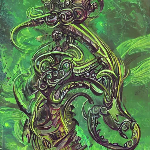 Image similar to Oil painting concept art of a magical acid sword glowing bright green, very intricate hilt, green color scheme, highly detailed concept art.