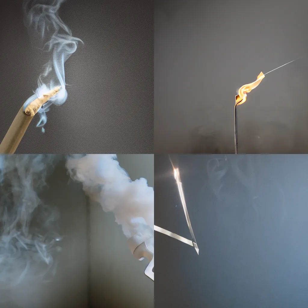 Prompt: a safety pin exhaling smoke, smoke filled room, high particle count, reflective surface