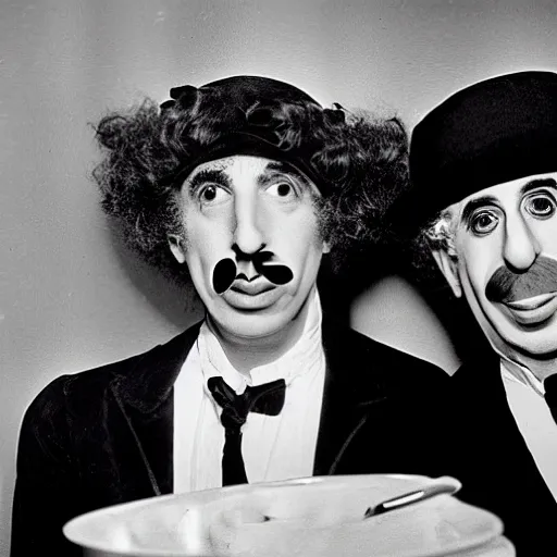 Image similar to harpo marx and groucho marx dines together. harpo marx does not wear a moustache