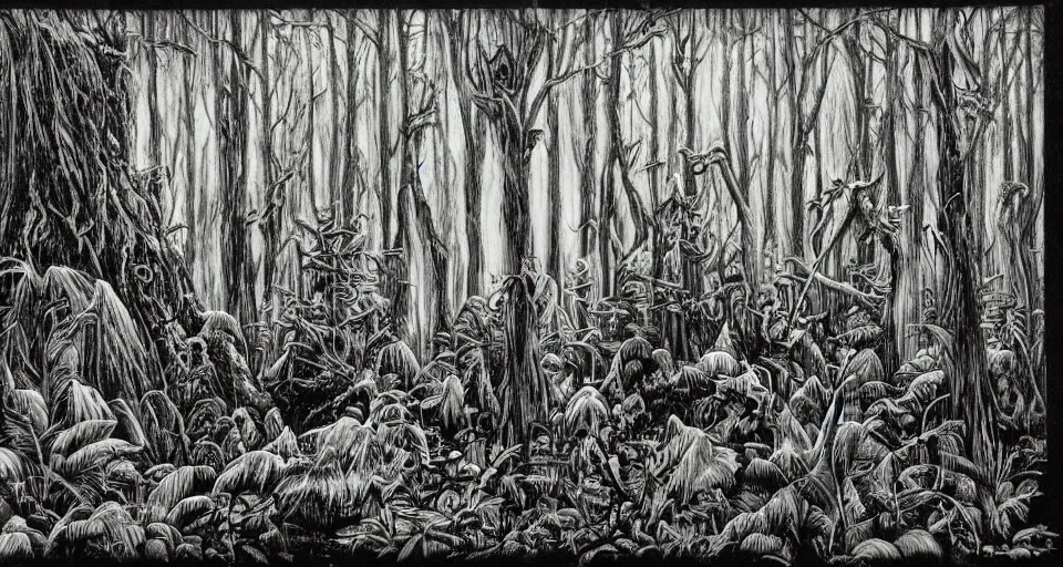 Prompt: A dense and dark enchanted forest with a swamp, by ED roth