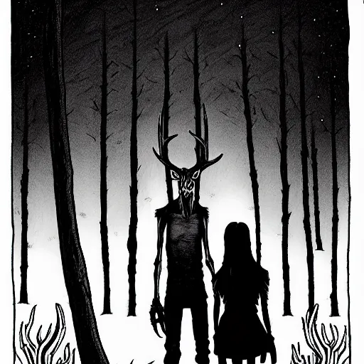 Prompt: Emma Rios and Steve Niles comic, Wendigo monster with deer skull face, antlers, furry brown body, tall and lanky skinny, walking through the forest, very dark night time, deep black, ominous lighting, spooky, scary, foggy, fog