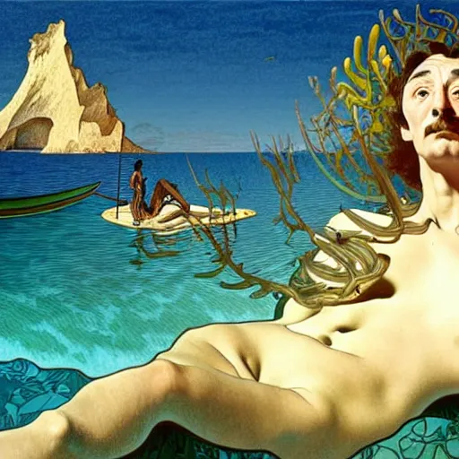 Image similar to salvador dali snorkeling in cap de ras, highly detailed, digital painting, artstation, sharp focus, illustration, art by tan zi and alphonse mucha