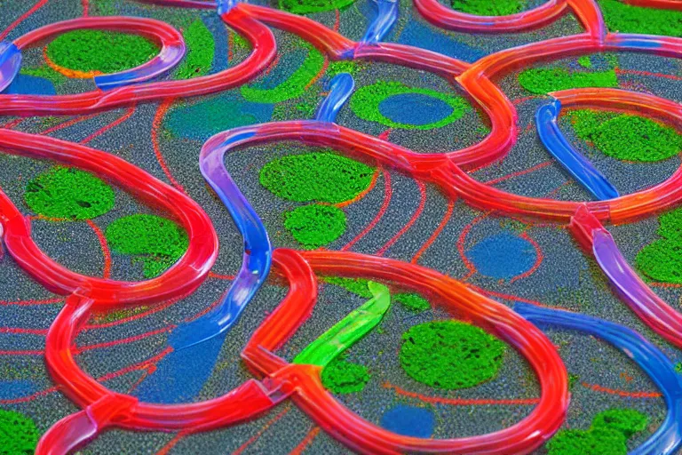 Image similar to windy racetrack made of translucent colorful plastic, 85mm