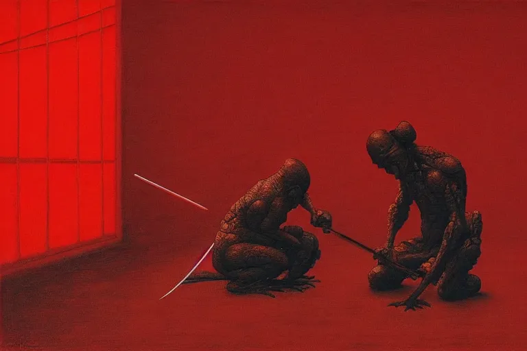 Image similar to only with red, a red samurai do seppuku, tokio, a lot of frogs watch, in the style of beksinski, parts by edward hopper, parts by rodcenko, parts by yue minjun, intricate and epic composition, red by caravaggio, insanely quality, highly detailed, masterpiece, red light, artstation, 4 k