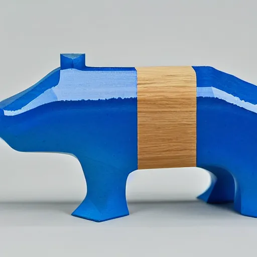 Image similar to a beautiful minimalist curvy shaped small sculpture of hippopotamus!!!, ( ( wood ) ) and ( ( blue epoxy ) ) on top mix, cubic blocks stripes cuts, side view profile centered, studio, design