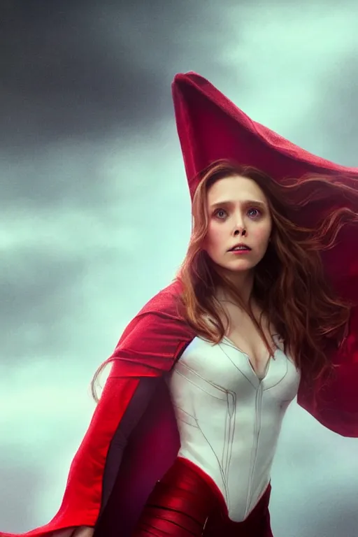 Image similar to movie still of elizabeth olsen as scarlet witch developing a barrier of red energy enveloping her body!!!!!, photorealistic art style, fantasy aesthetic. full - body photography, comprehensive art, thorough details, intricate, artstation, cgsociety contest winner