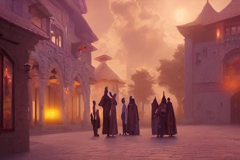 Image similar to an art deco secret meeting at the townsquare in a oriental medieval fantasy village. incredible voluminous indirect soft glow cinematic lighting, hyperdetailed features, movie still, intricate, octane render, unreal engine, crepuscular rays, god rays, by beeple and rhads and donato giancola