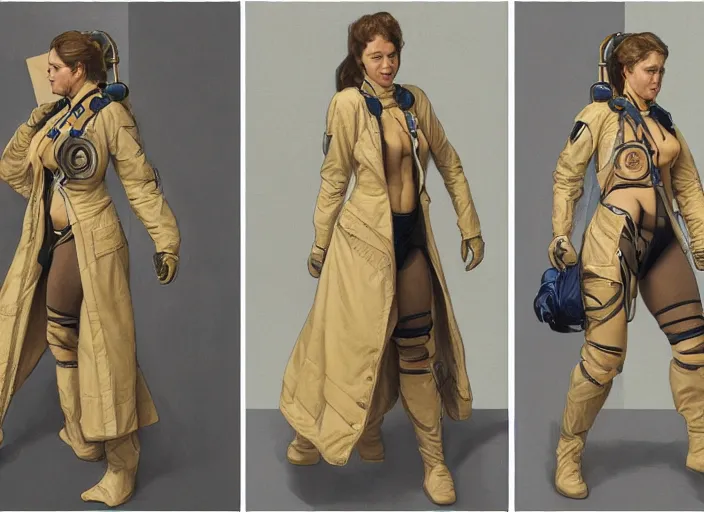 Image similar to front and back character view of a woman in scientist's jacket with a system of straps and pouches for collecting material by Donato Giancola, Trending on artstation and pixiv clean concept art and sheet