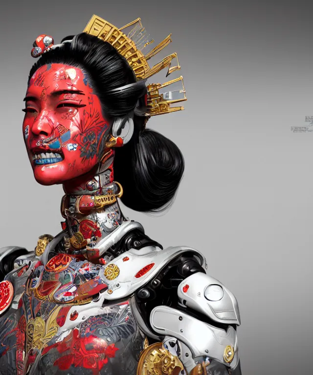 Image similar to an epic fantastic realism comic book style portrait painting of a japanese robotic geisha with kanji tattoos and decals, apex legends, octane render, intricate detail, 4 k hd, unreal engine 5, ex machina, irobot