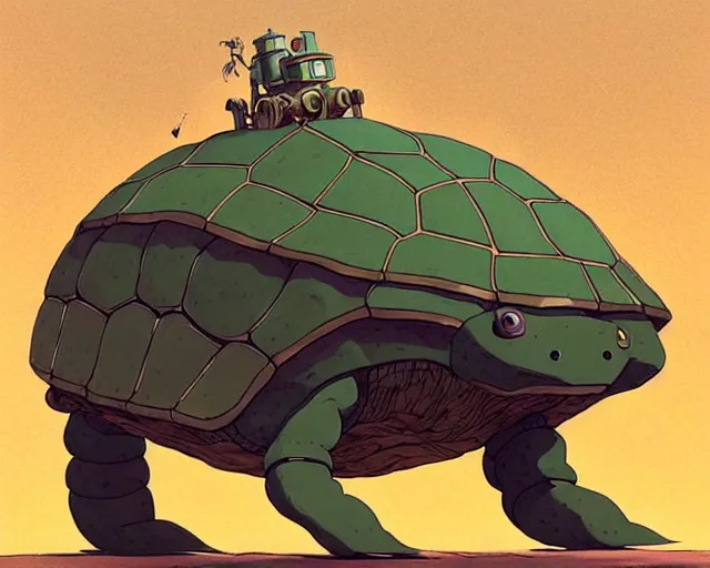 Prompt: a cell shaded cartoon giant lovecraftian mechanized turtle from howl's moving castle ( 2 0 0 4 ), on a desert road, full body, illustration, wide shot, very subtle colors, post grunge, concept art by josan gonzales, wlop, by james jean, victo ngai, trending on artstation, hq, deviantart, art by artgem