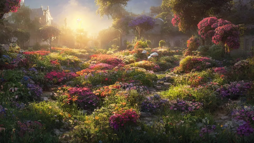 Image similar to a photorealistic hype realistic render of an interior of a beautifully decorated flower garden by pixar, greg rutkowski, wlop, artgerm, dramatic moody sunset lighting, long shadows, volumetric, cinematic atmosphere, octane render, artstation, 8 k