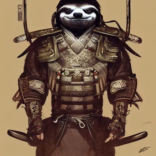 Image similar to graphic, hyperreal, portraiture illustration of anthropomorphic sloth in traditional samurai armor : : digital art, concept art, character development : : illustrated by artgerm, yoji shinkawa, scott buoncristiano, nychos