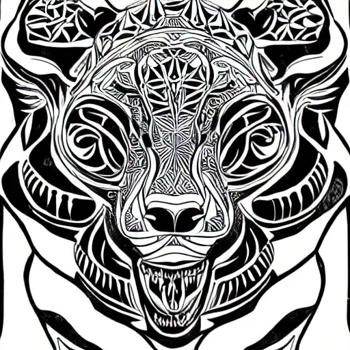 Image similar to jaguar head tattoodesign, sacred geometry, symmetrical, frontview, black and white, white background. very detailed ink drawing, fine lineart, extremely detailed