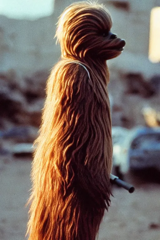 Prompt: photo of chewbacca smoking a cigarette in mos eisley, cinestill 8 0 0 t, 8 5 mm f / 1. 8, bokeh, cinematic