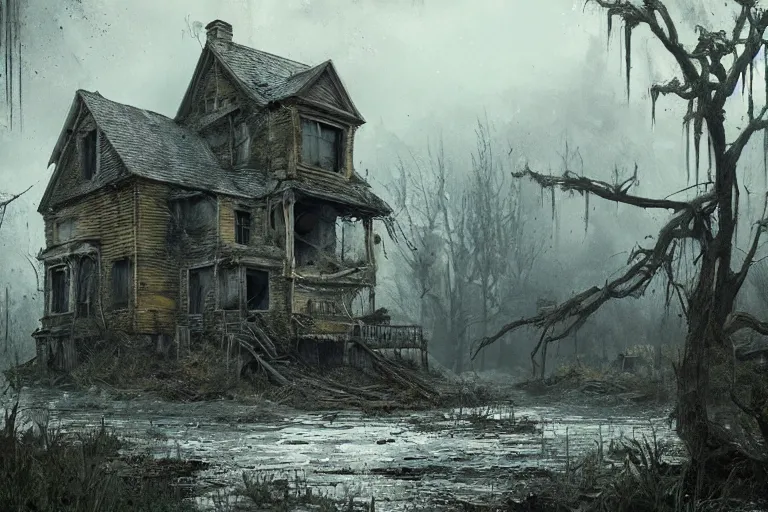 Prompt: abandoned desolate house in the swamp, gloomy, highly detailed, digital painting, artstation, concept art, sharp focus, illustration, art by raphael lacoste and greg rutkowski