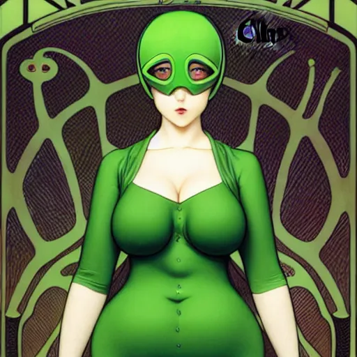 Image similar to fat pigeon in a green body suit, by Range Murata and Mucha