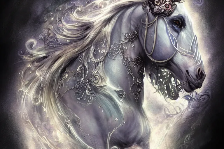 Image similar to a wlop 3 d render of very very very very highly detailed beautiful mystic portrait of a phantom undead horse with whirling galaxy around, tattoos by anton pieck, intricate, extremely detailed, digital painting, artstation, concept art, smooth, sharp focus, illustration, intimidating lighting, incredible art,