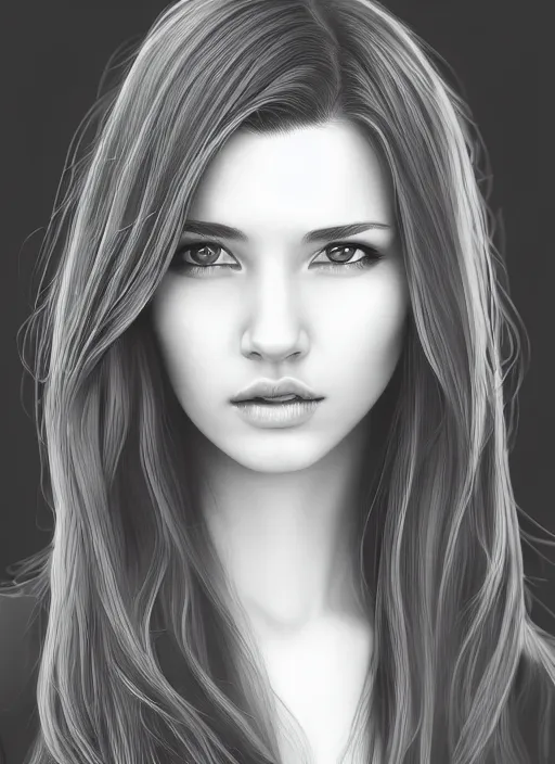 Image similar to full body portrait of a beautiful young woman in black and white, photorealistic, hair down to waist, sharp focus, in the style of Kevin Kostic, Stephen Lau and artgerm, hyper sharp focus, 8k highly detailed