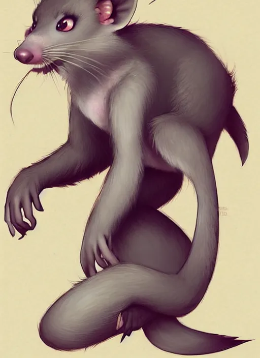 Image similar to character portrait of a female anthro possum fursona with a tail and a cute beautiful attractive detailed furry face wearing a tanktop and slacks with arm tattoos. Character design by charlie bowater, ross tran, artgerm, and makoto shinkai, detailed, inked, western comic book art