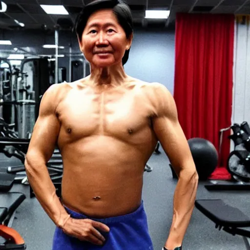 Image similar to A very muscular BongBong Marcos flexing in the gym