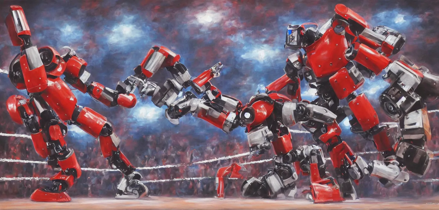 Image similar to Photorealistic painting of two robots in a wwe match