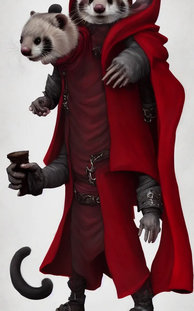 Image similar to a anthropomorphic ferret is a dark warlock dressed red robes, he's very menacing and evil, hyperdetailed, artstation, cgsociety, 8 k