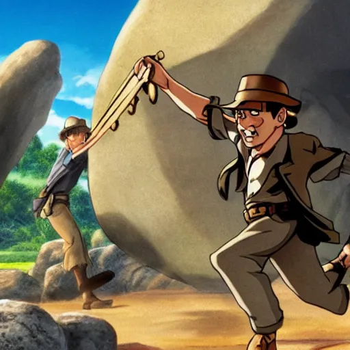 Image similar to Indiana Jones being chased by a boulder trap, boulder chase, underground sandstone temple background, giant round stone chasing Indiana Jones, raiders of the lost ark, anime key visual