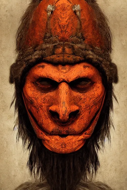 Image similar to portrait, headshot, digital painting, an old shaman in slavic wooden orange - painted ritual mask, realistic, hyperdetailed, chiaroscuro, concept art, art by frans hals