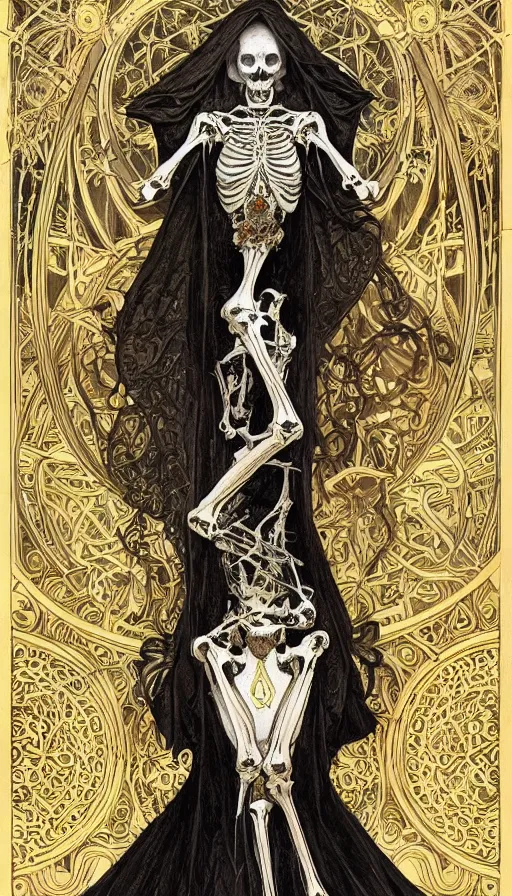 Image similar to a skeleton in a black cloak, highly detailed, very intricate, art nouveau, gold filigree, left right symmetry, tarot concept art watercolor illustration by mandy jurgens and alphonse mucha and alena aenami, featured on artstation