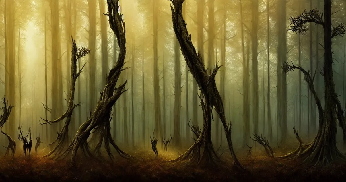 Image similar to epic professional digital art of startling hungry foreboding forest, faint golden moody atmospheric lighting, painted, intricate, detailed, detailed, foreboding, by leesha hannigan, wayne haag, reyna rochin, ignacio fernandez rios, mark ryden, iris van herpen,, epic, stunning, gorgeous, much wow, cinematic, masterpiece.