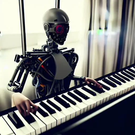 Image similar to a cyborg playing the piano in a futuristic apartment, award winning art, 4k, highly detailed, sharp focus, cinematic lighting, smooth