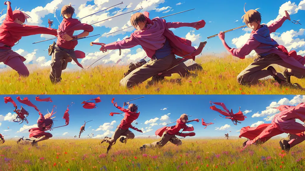 Image similar to highly detailed comic spread combination of art styles depicting an impactful action scene on open meadow clear sky with expert design fictional characters, bright colors, high color saturation, dynamic art by sakimi, moebius, makoto shinkai, murata, james jean, craig mullins, digital painting, masterpiece, best selling, pixiv, volumetric lighting, realistic shaded lighting