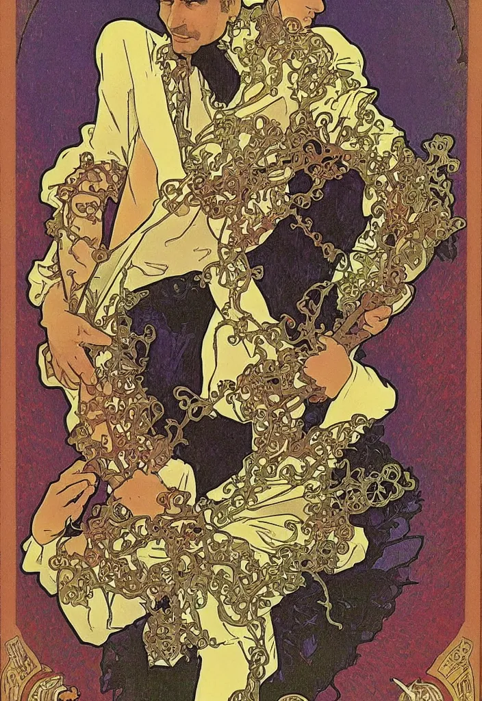 Image similar to Yoshua Bengio as the magician on a tarot card, tarot in art style by Alphonse Mucha