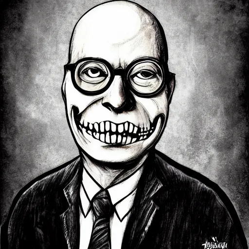 Image similar to grunge drawing of Klaus Schwab in the style of jack skellington and Jacob Shaw,creepy, surreal, trending on artstation, bold and vivid colour