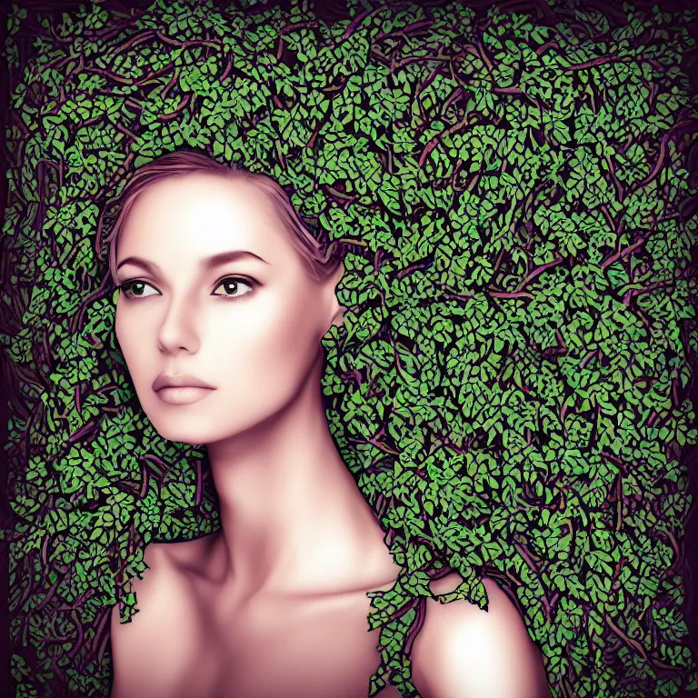 Image similar to “portrait of a beautiful woman made out of vines, digital art, 4k”