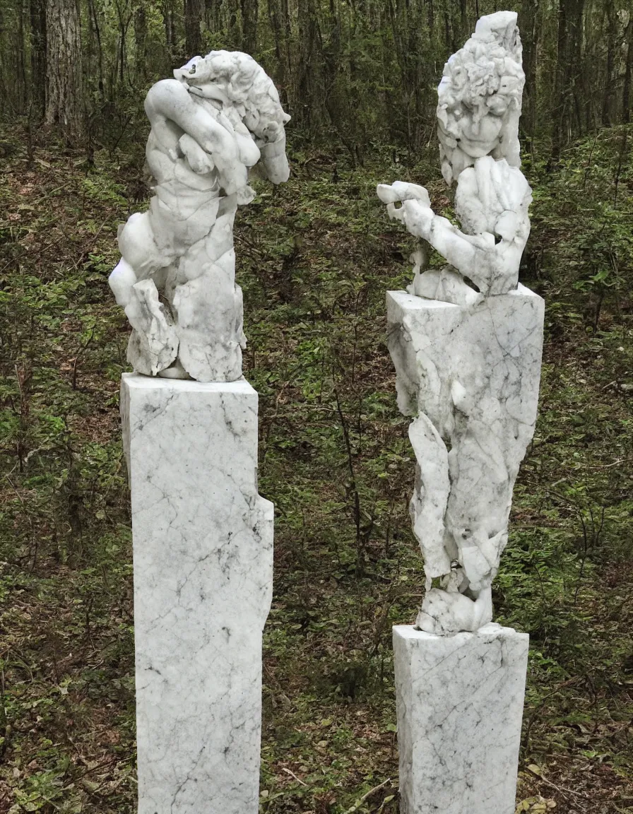 Prompt: broken greek marble statue in a forest at night, hunting for flesh, trailcam