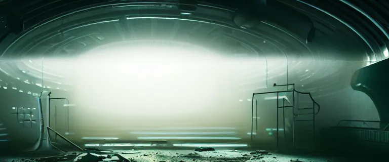 Prompt: set design for a science fiction movie on a derelict space station, atmospheric fog, anamorphic bokeh, cinematic, elegant, professional studio light, real dlsr photography, sharp focus, 4 k, ultra hd, sense of awe