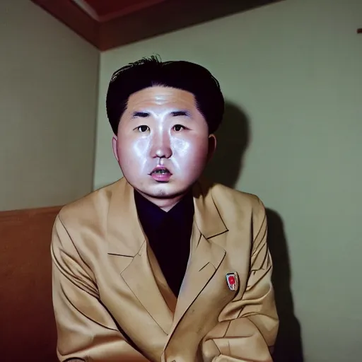 Image similar to hyperralism araki hobuyoshi style photography of detailed north korean kim chen with perfect face playing xbox in basement bedroom