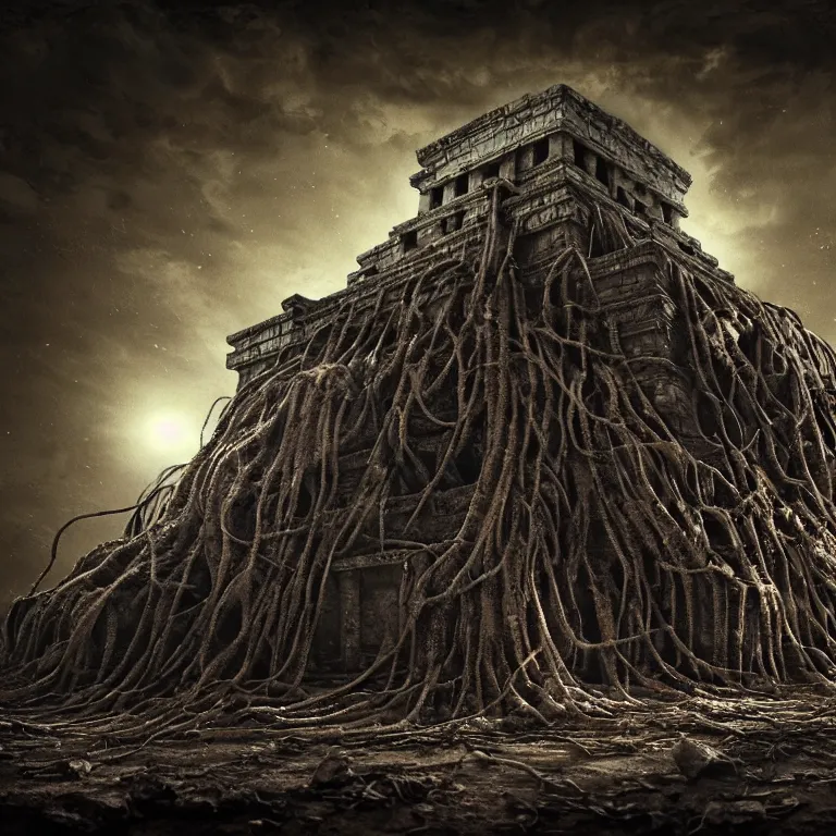 Prompt: still life of abandoned mayan temple, covered with tentacles, roots, wires, tubes, lit by a column of light from flying saucer ufo above, baroque painting, standing in a desolate empty wasteland, creepy, nightmare, dream-like heavy atmosphere, darkness, hell, surreal abandoned buildings, baroque painting, beautiful detailed intricate insanely detailed octane render trending on Artstation, 8K artistic photography, photorealistic, chiaroscuro, Raphael, Caravaggio, Beksinski, Giger