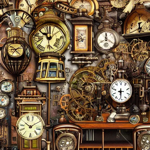 Prompt: interior of a steampunk clock shop, father time tinkering, old grandfather clocks everywhere, realistic, very intricate hyper detailed collage on paper