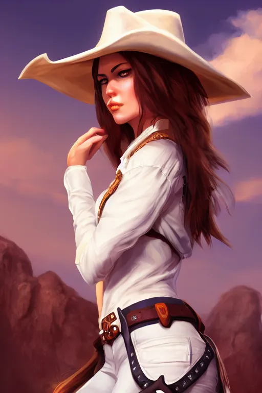 Prompt: full body, female cowgirl, perfect face, white blouse, holster, 8 k, magic the gathering, desert, d & d, artstation, high detail, smooth, sweaty