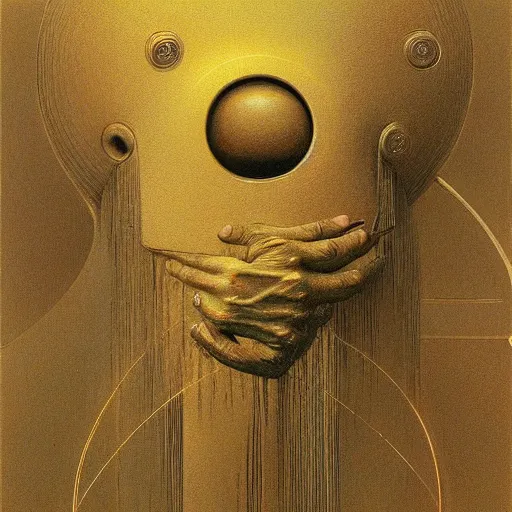 Prompt: A machine that can turn any object into gold by zdzisław beksiński