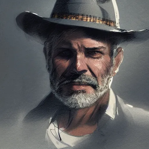 Image similar to portrait of a 55 year old man with short gray hair and a round gray beard, wearing a checkered shirt and a wide brimmed hat, dramatic lighting, illustration by Greg rutkowski, yoji shinkawa, 4k, digital art, concept art, trending on artstation