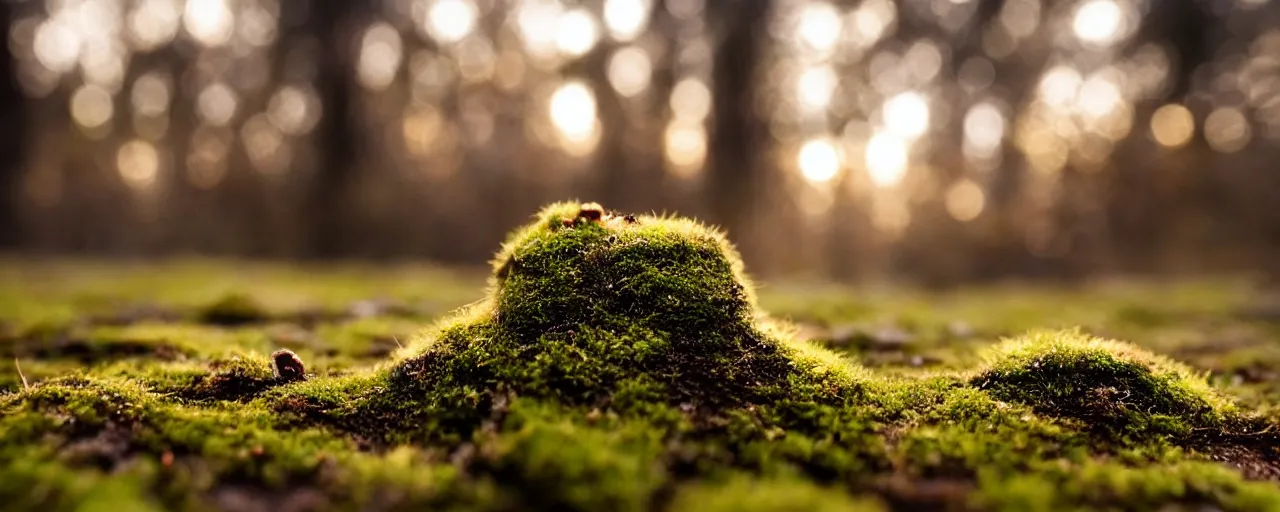 Image similar to tiny cute mossy forest creatures by bobby chiu, at sunset, macro photography, goro fujita, cute, adorable, cinematic