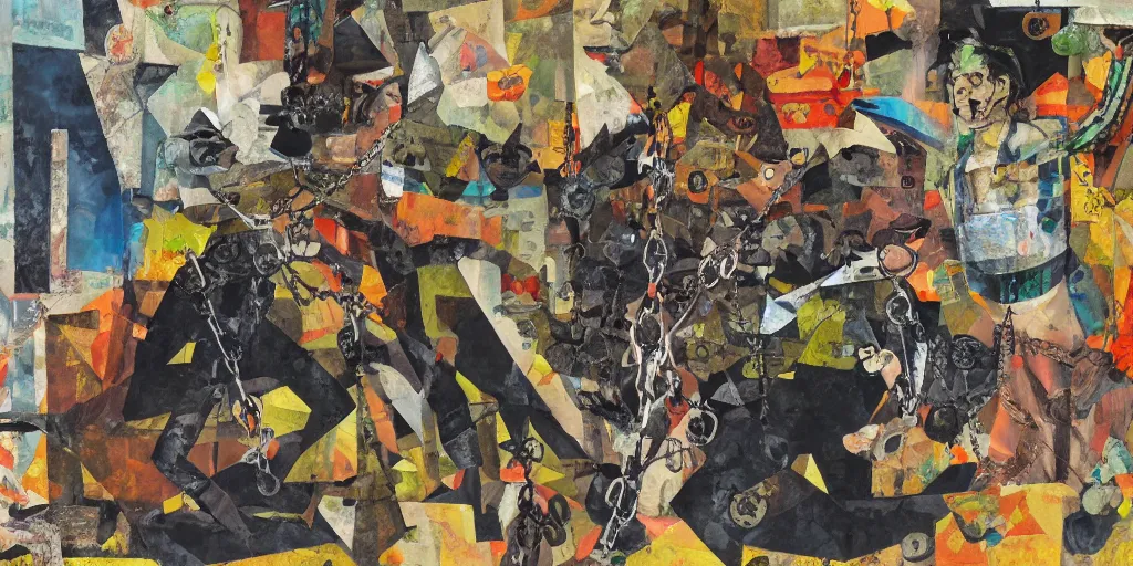 Image similar to mad dogs on a chain, collage, acrylic on canvas, expressionism movement, breathtaking detailed, by blake neubert