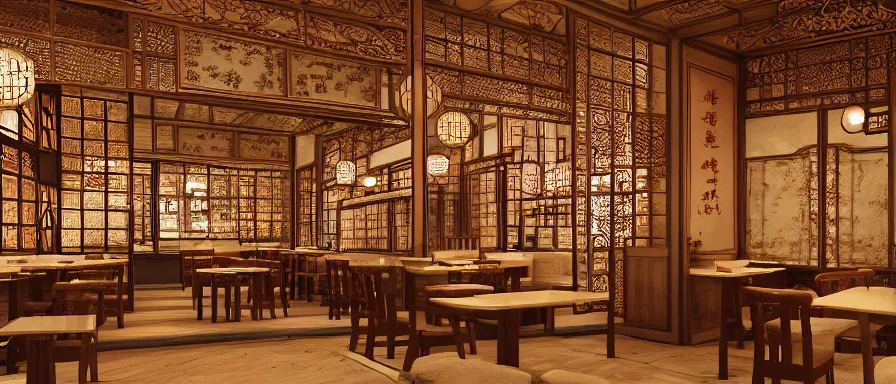 Image similar to a beautiful hyperdetailed interior render of outdated roasted string hotpot restaurant restaurant yan'an, outdated, wall corner, from china, with merchant logo, fine delicate structure, chinese style, simple composition, simple style structure decoration design, victo ngai, 4 k hd